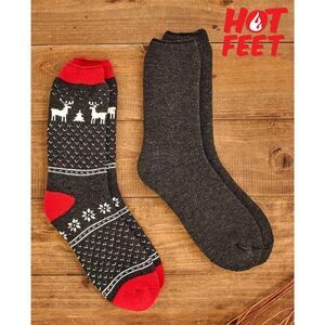 Hot Feet Men's Thermal Socks 2-Pair Size 7-12.5 Snowflakes Deer Gray Marled NEW